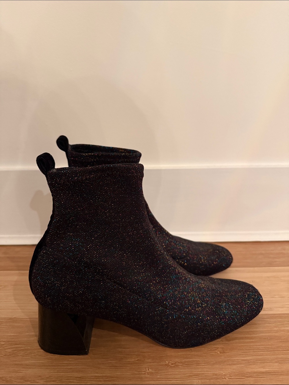 Zara Black Glitter Ankle Booties with Block Heel